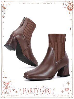 Square Toe Chelsea Ankle Boots Block Heel Faux Leather Mid Calf Booties